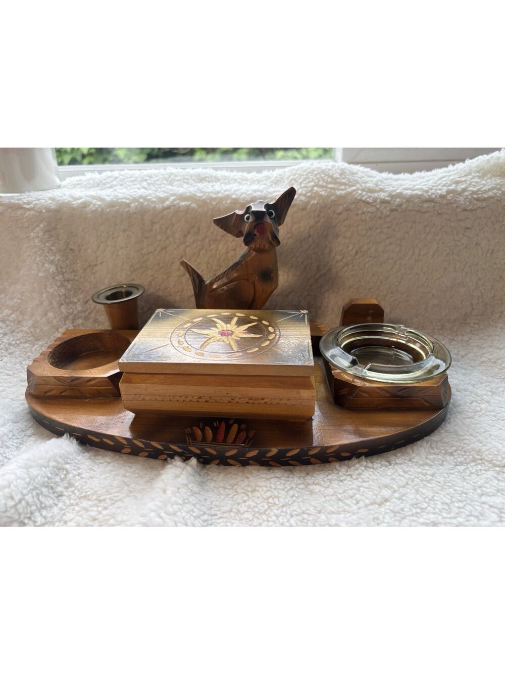 Vtg Hand Carved Wood Smoking‎ Set Wooden Dog Cigarette German Ashtrays